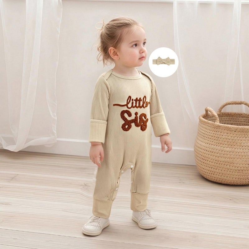 allshope Infant Baby Girl Fall Outfit Sweatshirt Romper Little Sister Lil Sis Long Sleeve Jumpsuit Newborn Clothes (Little Sis Beige, 0-3 Months) - Image 4