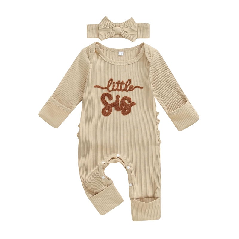 allshope Infant Baby Girl Fall Outfit Sweatshirt Romper Little Sister Lil Sis Long Sleeve Jumpsuit Newborn Clothes (Little Sis Beige, 0-3 Months) - Image 1