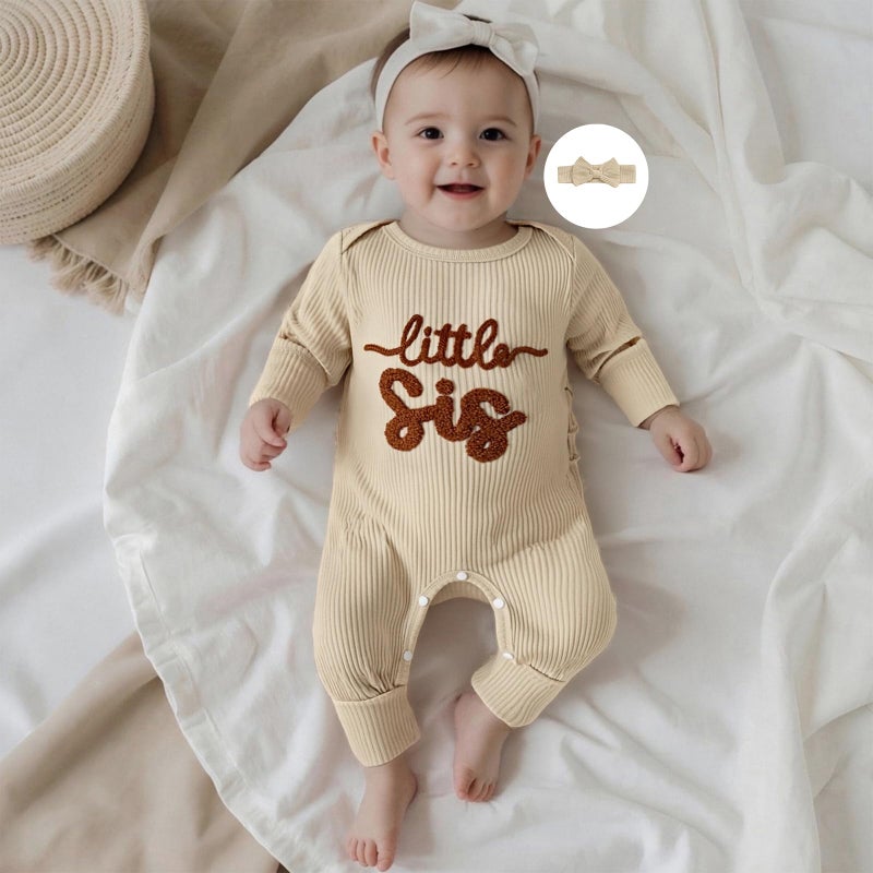 allshope Infant Baby Girl Fall Outfit Sweatshirt Romper Little Sister Lil Sis Long Sleeve Jumpsuit Newborn Clothes (Little Sis Beige, 0-3 Months) - Image 5