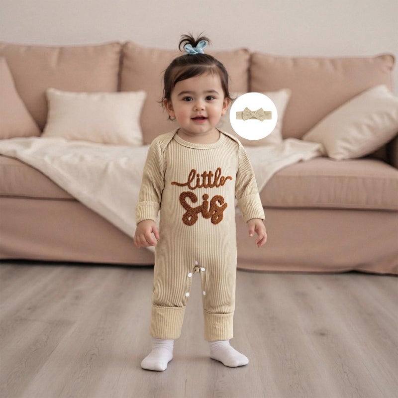 allshope Infant Baby Girl Fall Outfit Sweatshirt Romper Little Sister Lil Sis Long Sleeve Jumpsuit Newborn Clothes (Little Sis Beige, 0-3 Months) - Image 3