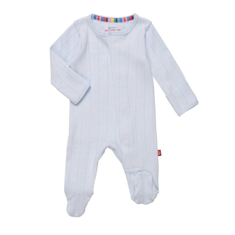 Magnetic Me 100% Organic Cotton Magnetic Baby Footie Pajamas | Super Soft Cotton Fabric | Love Lines Blue Pointelle | 3-6 Months - Image 1