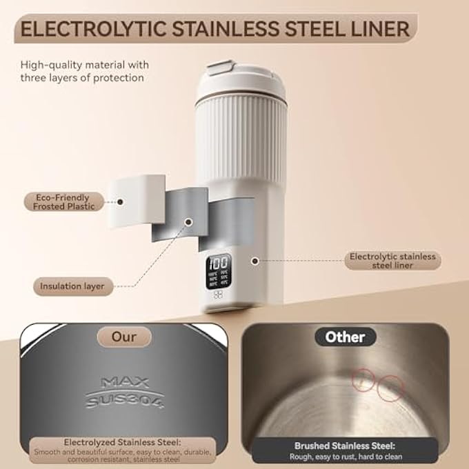 كاست ويف غلاية سفر 450 مل 300 وات مع 6 عناصر تحكم في درجة الحرارة غلاية صغيرة محمولة مع حماية من الحرارة الزائدة غلاية كهربائية من الفولاذ المقاوم للصدأ تصميم مانع للتسرب غلاية صغيرة 100240 فولت أبيض كريمي - Image 5