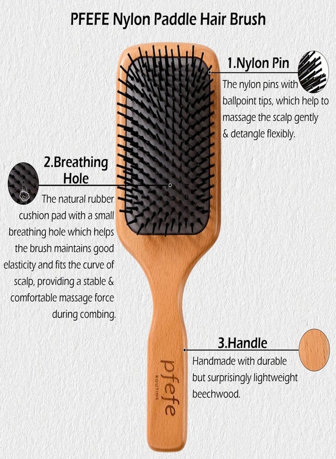pfefe Wooden Paddle Hair Brush - Square Detangling Reducing Breakage Hairbrush for Men & Women, Beechwood Air Cushion Brush with Travel Bag for Thick, Curly, Wet, Dry Hair - Image 2