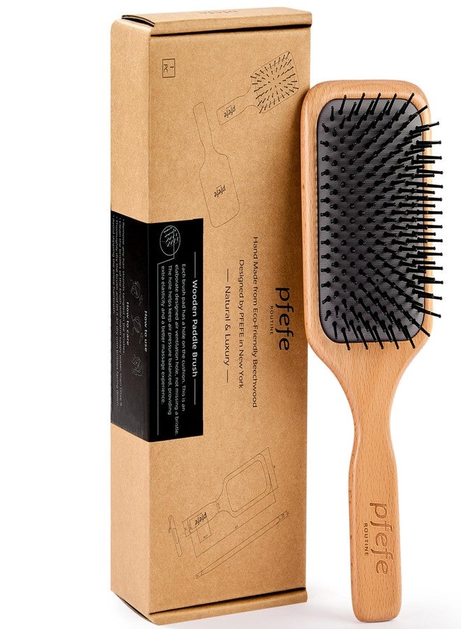 pfefe Wooden Paddle Hair Brush - Square Detangling Reducing Breakage Hairbrush for Men & Women, Beechwood Air Cushion Brush with Travel Bag for Thick, Curly, Wet, Dry Hair - Image 1