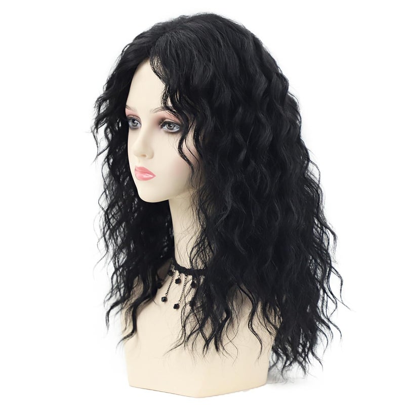 SEVENCOLORS Long Black Wavy Wigs for Women Natural Soft Hair Black Wig with Bangs Synthetic Fluffy Curly Wigs for Daily Party Cosplay