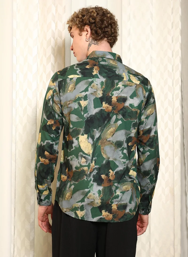 Campus Sutra Men's Green Abstract Printed Rayon Shirt