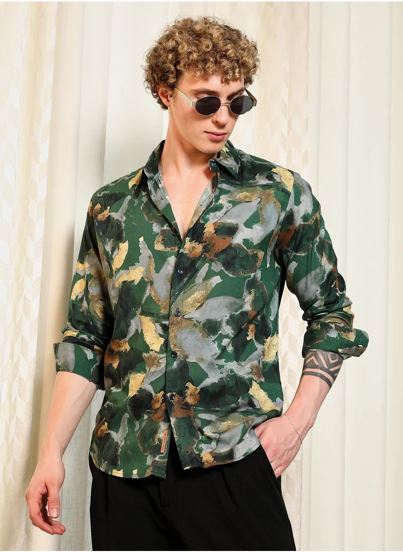 Campus Sutra Men's Green Abstract Printed Rayon Shirt