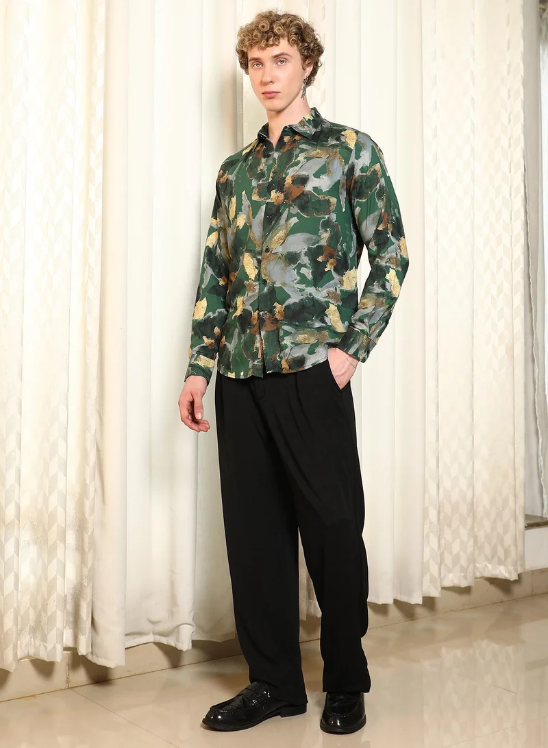 Campus Sutra Men's Green Abstract Printed Rayon Shirt