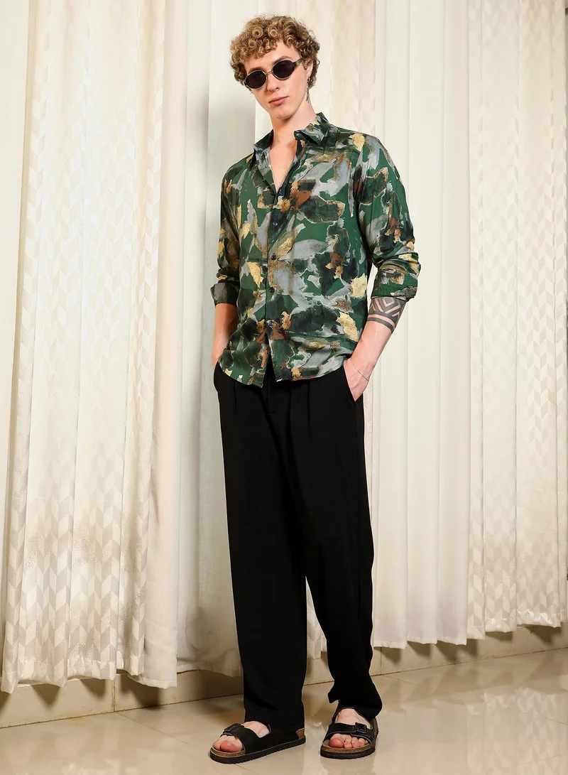 Campus Sutra Men's Green Abstract Printed Rayon Shirt