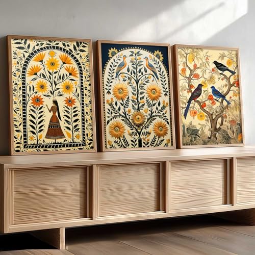 kotart Indian Traditional Art Wall Painting Home | Madhubani Paintings Decoration With Frame For Living Room Bed Room Hotel Wall Decor Digital Reprint Set of 3 (13X17 inch) - Image 1