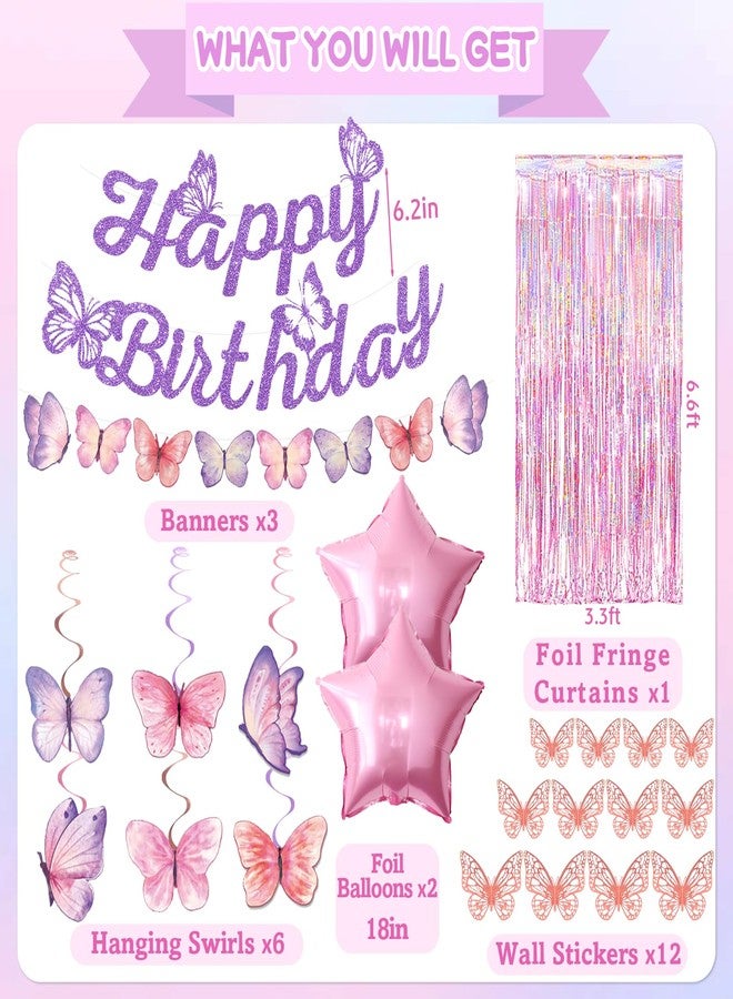 FINDRICH 33Pcs Purple Happy Birthday Decorations for Women, Butterflies Birthday Decorations Purple Butterfly Decorations with Banner Hanging Swirl for Women Girl Butterfly Theme Party Supplies - Image 2