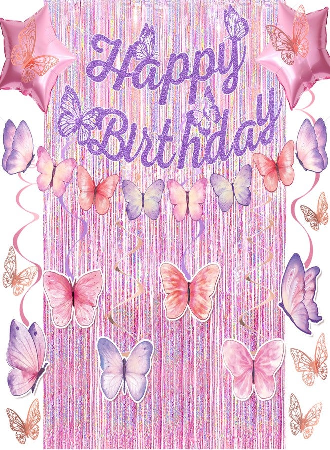 FINDRICH 33Pcs Purple Happy Birthday Decorations for Women, Butterflies Birthday Decorations Purple Butterfly Decorations with Banner Hanging Swirl for Women Girl Butterfly Theme Party Supplies - Image 1