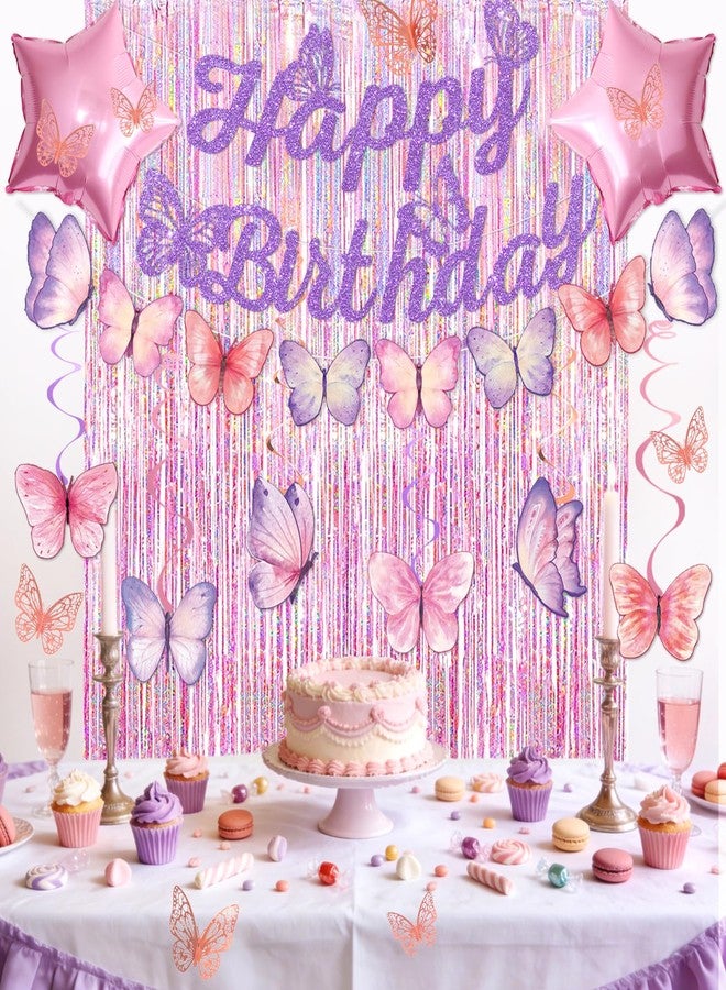 FINDRICH 33Pcs Purple Happy Birthday Decorations for Women, Butterflies Birthday Decorations Purple Butterfly Decorations with Banner Hanging Swirl for Women Girl Butterfly Theme Party Supplies - Image 3