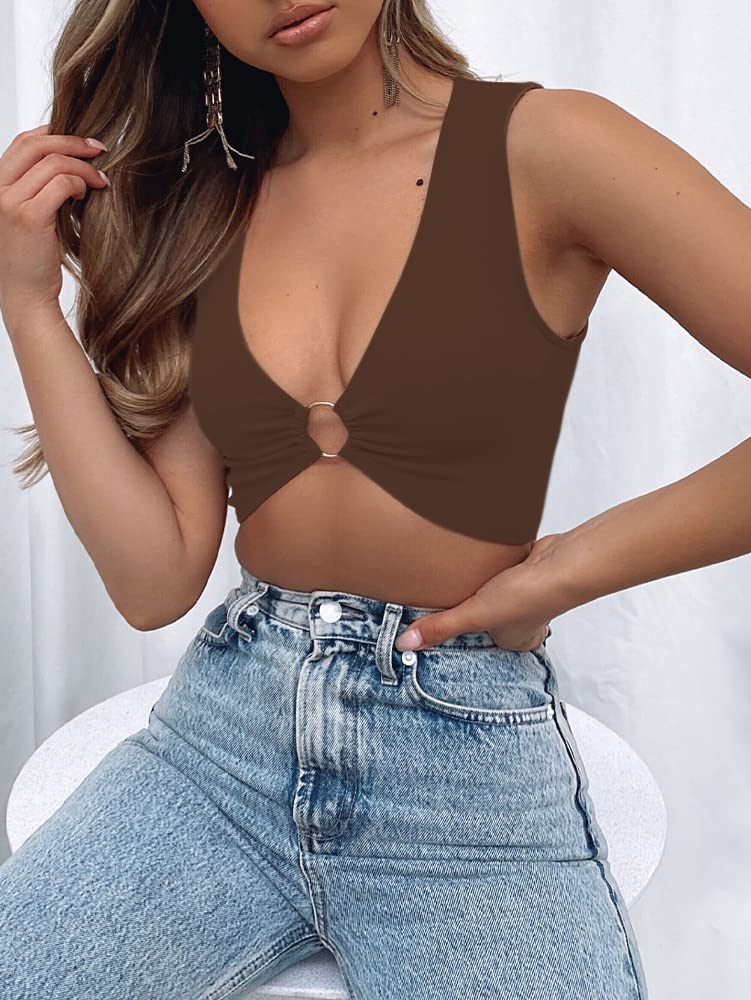 AEVZIV Sexy Crop Tops for Women Sleeveless Deep V Neck Workout Tops Plunge Ring Cleavage Cropped Tank Top Brown S - Image 5