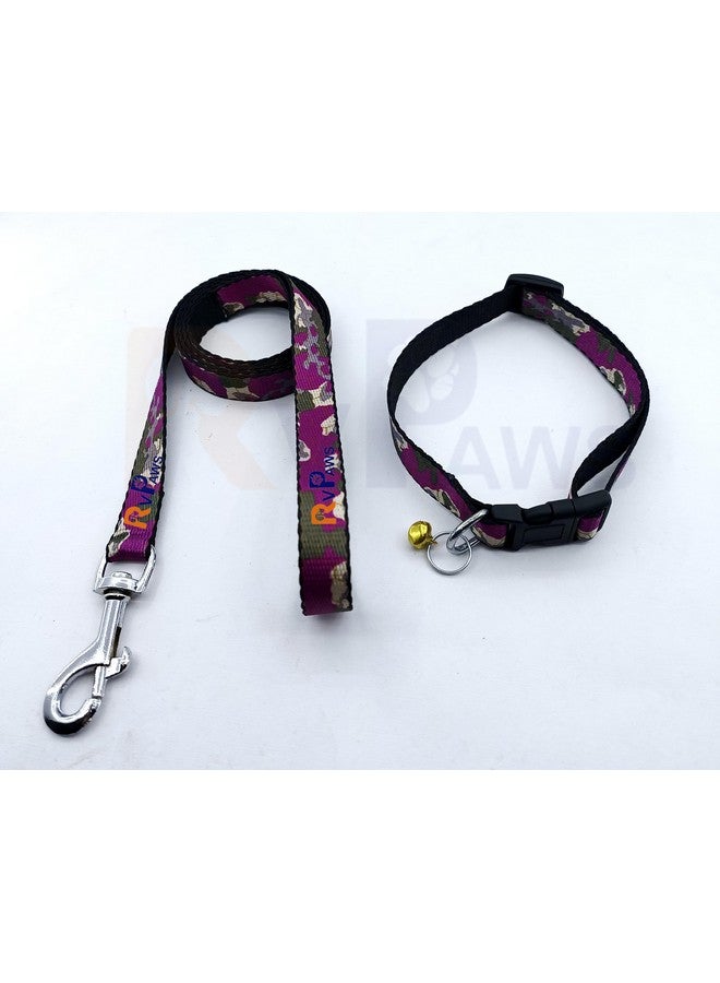 15Mm Puppy Printed Adjustable Nylon Collar And Leash With Bell Ideal For Puppies, Dog & Cat Outdoor Walking And Training (Pink) - Image 1