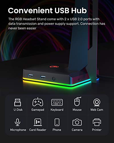 IFYOO RGB Gaming Headset Stand with 2 USB Ports, Game Headphone Mount for PC, Xbox One, PS4, Switch, Earphone Holder Hanger, Great for Gaming Stations, Fancy Desk Gamer Accessories, Black - Image 4