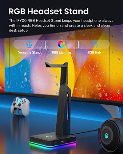 IFYOO RGB Gaming Headset Stand with 2 USB Ports, Game Headphone Mount for PC, Xbox One, PS4, Switch, Earphone Holder Hanger, Great for Gaming Stations, Fancy Desk Gamer Accessories, Black - Image 2