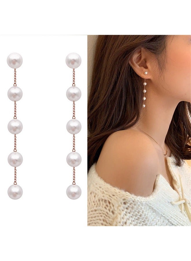 Boho Pearl Drop Dangle Earring Gold Long Tassel Pearl Earrings Tiny Pearl Chain Earrings Vintage Earrings Jewelry for Women and Girls (Gold) - Image 1