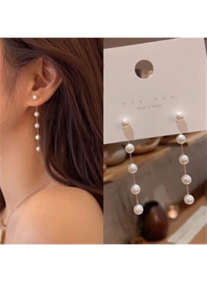 Boho Pearl Drop Dangle Earring Gold Long Tassel Pearl Earrings Tiny Pearl Chain Earrings Vintage Earrings Jewelry for Women and Girls (Gold) - Image 2