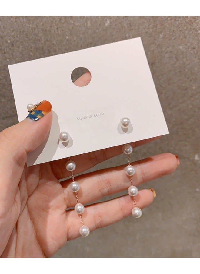 Boho Pearl Drop Dangle Earring Gold Long Tassel Pearl Earrings Tiny Pearl Chain Earrings Vintage Earrings Jewelry for Women and Girls (Gold) - Image 3