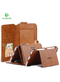 FLOVEME iPhone 6 / iPhone 7 / iPhone 8 2in1 Multi-functional Luxury Leather Wallet Case with 14 Card Slots + 1 Zipper Coin Pouch (Phone 6/7/8 4.7 inch) Brown  - Image 1