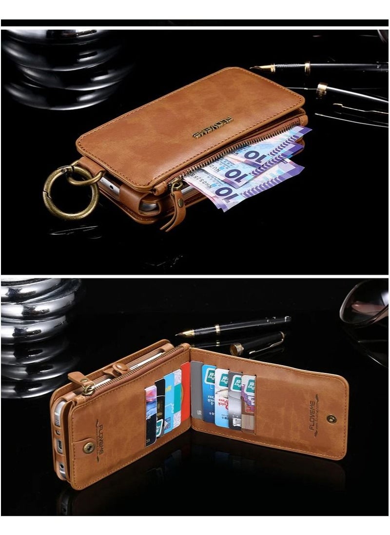 FLOVEME iPhone 6 / iPhone 7 / iPhone 8 2in1 Multi-functional Luxury Leather Wallet Case with 14 Card Slots + 1 Zipper Coin Pouch (Phone 6/7/8 4.7 inch) Brown  - Image 5