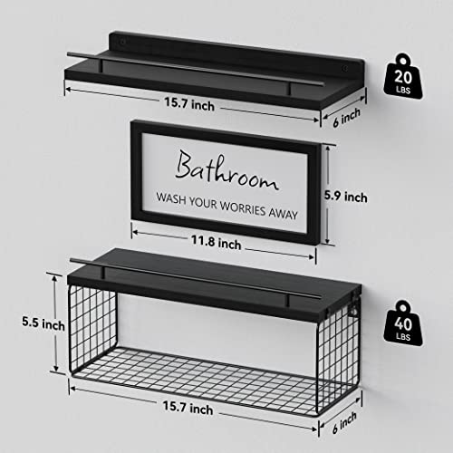 WOPITUES Floating Shelves for Wall Decor Sign, Bathroom Organizers and Storage, Bathroom Shelves Over Toilet with Metal Guardrail-Black - Image 3
