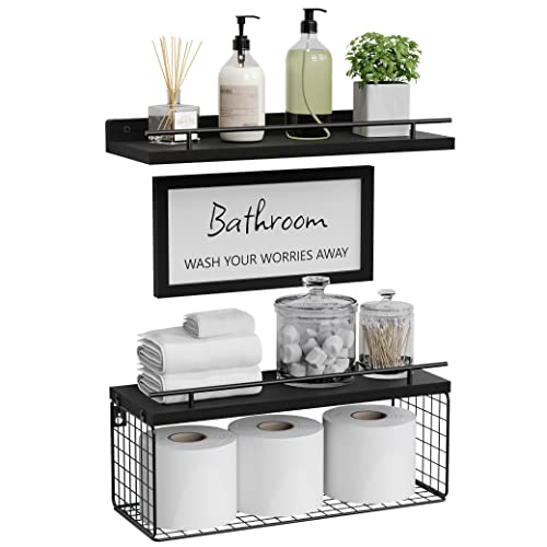 WOPITUES Floating Shelves for Wall Decor Sign, Bathroom Organizers and Storage, Bathroom Shelves Over Toilet with Metal Guardrail-Black - Image 1