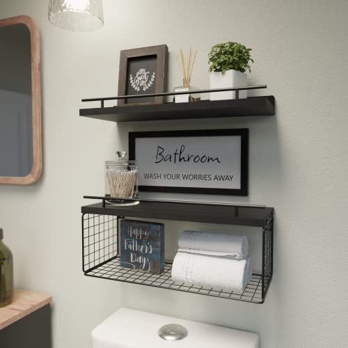 WOPITUES Floating Shelves for Wall Decor Sign, Bathroom Organizers and Storage, Bathroom Shelves Over Toilet with Metal Guardrail-Black - Image 2