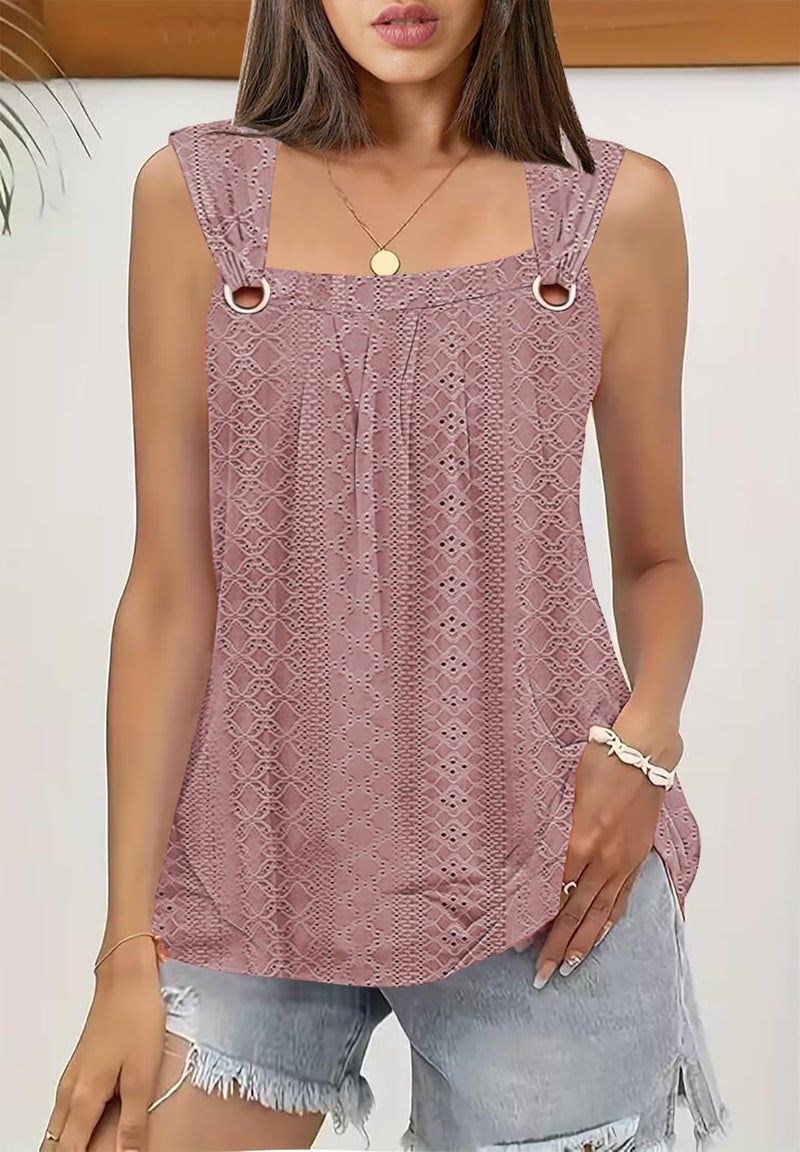 SAUKOLE Womens Sleeveless Pleated Square Neck Tank Tops Trendy Lace Shirts Summer Causal Tee Tops Pink - Image 2