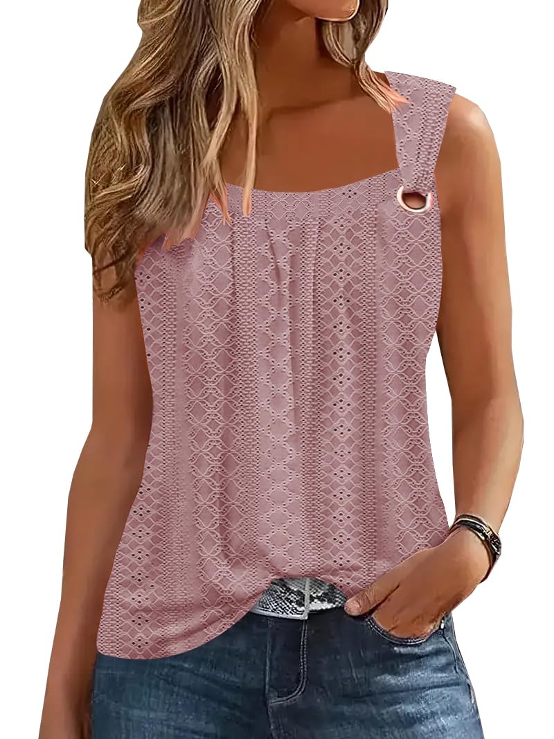 SAUKOLE Womens Sleeveless Pleated Square Neck Tank Tops Trendy Lace Shirts Summer Causal Tee Tops Pink - Image 1