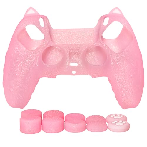 HLRAO غطاء سيليكون مضاد للانزلاق مزين باللون الوردي على شكل قطة متوافق مع وحدة تحكم PS5/Slim/Pro، 8 قطع من أغطية قبضة الإبهام اللامعة و2 قطعة من أغطية قبضة الكف. - Image 2