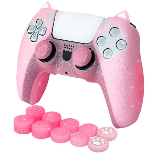HLRAO غطاء سيليكون مضاد للانزلاق مزين باللون الوردي على شكل قطة متوافق مع وحدة تحكم PS5/Slim/Pro، 8 قطع من أغطية قبضة الإبهام اللامعة و2 قطعة من أغطية قبضة الكف. - Image 1