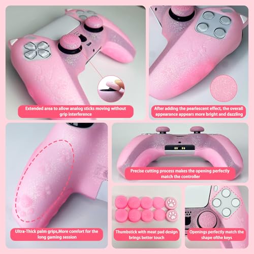 HLRAO غطاء سيليكون مضاد للانزلاق مزين باللون الوردي على شكل قطة متوافق مع وحدة تحكم PS5/Slim/Pro، 8 قطع من أغطية قبضة الإبهام اللامعة و2 قطعة من أغطية قبضة الكف. - Image 5