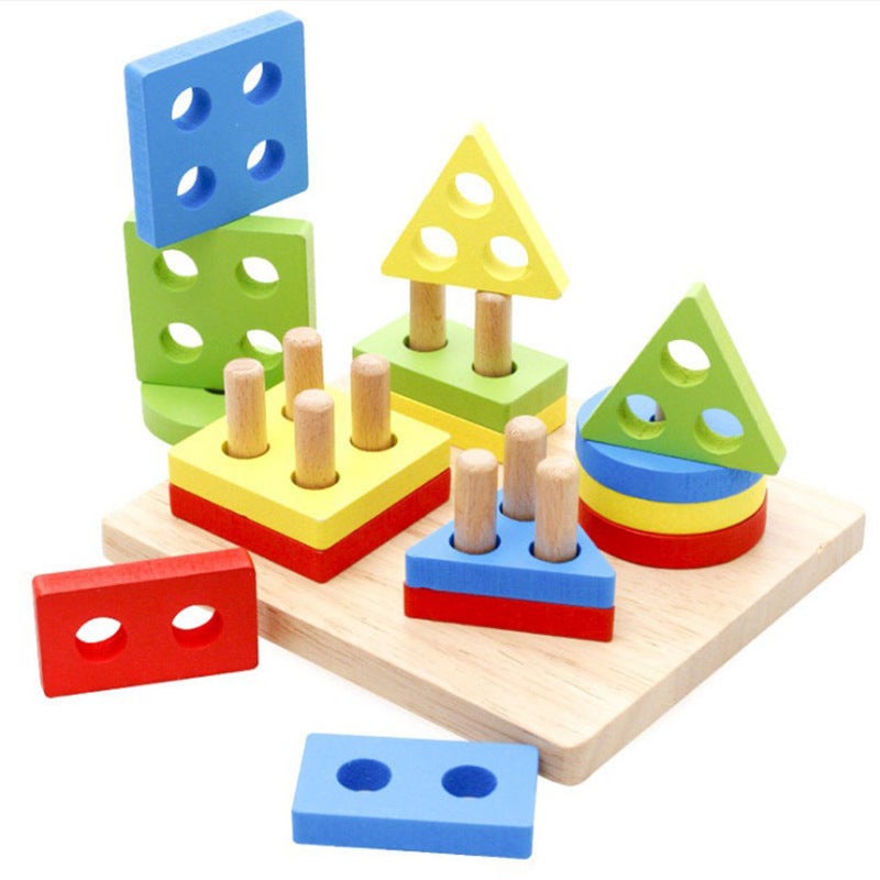 Wooden Four Sets Of Column Building Blocks Geometric Intelligence Board Children'S Educational Set Cylindrical Matching Cognitive Early Education Toys Puzzle - Image 5
