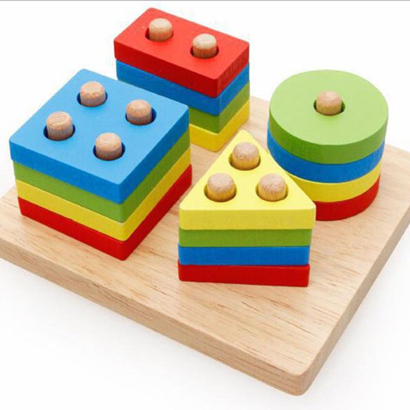 Wooden Four Sets Of Column Building Blocks Geometric Intelligence Board Children'S Educational Set Cylindrical Matching Cognitive Early Education Toys Puzzle - Image 3