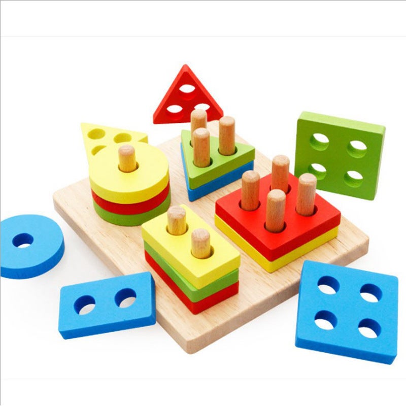 Wooden Four Sets Of Column Building Blocks Geometric Intelligence Board Children'S Educational Set Cylindrical Matching Cognitive Early Education Toys Puzzle - Image 2