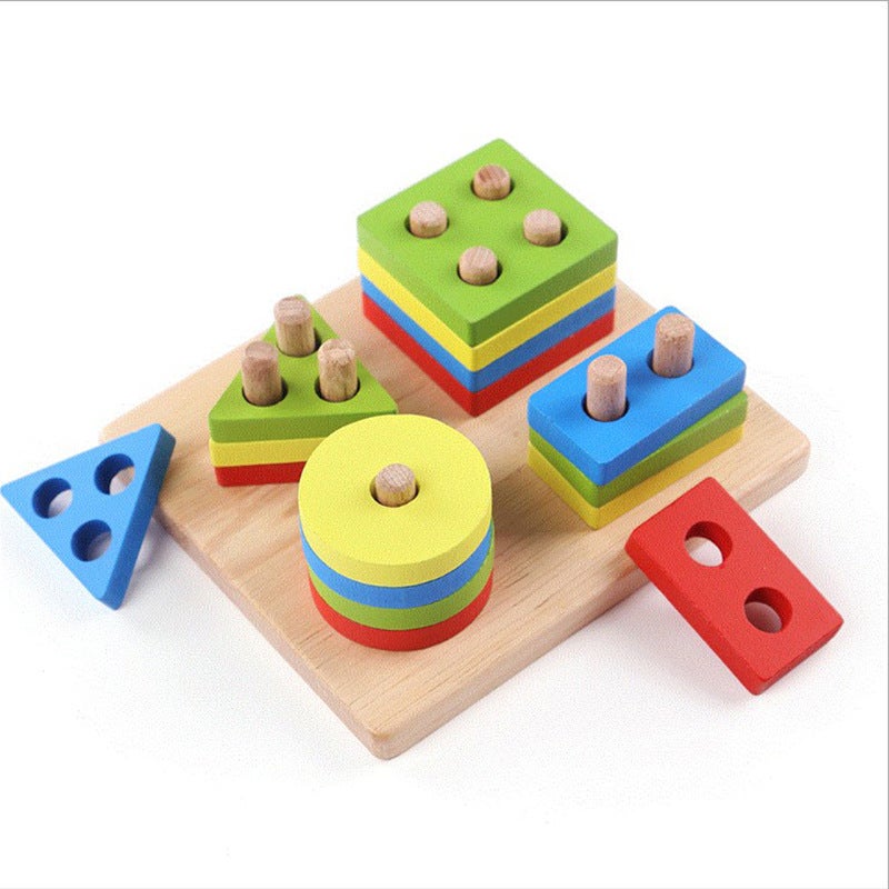 Wooden Four Sets Of Column Building Blocks Geometric Intelligence Board Children'S Educational Set Cylindrical Matching Cognitive Early Education Toys Puzzle - Image 4