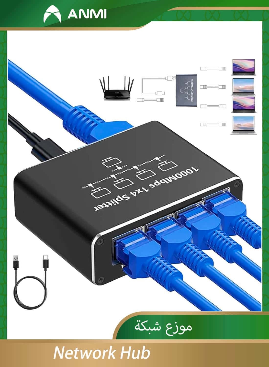 Network Hub,Gigabit Ethernet Splitter with USB Power Cable, Splitter for Cat5/5e/6/7/8 Cable(4 Devices Simultaneously Networking)