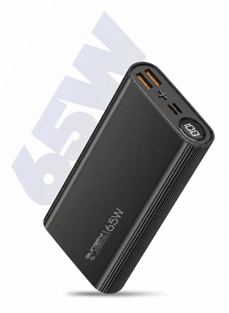 Bunsey 20000mAh Power Bank – 65W Fast Charging, 2 USB + 2 PD Ports, Dual Input, 4 Output, High-Speed Charger for Multiple Devices – Compatible with iPhone, Samsung, Huawei, Xiaomi & All USB-C Devices | Black - Image 1