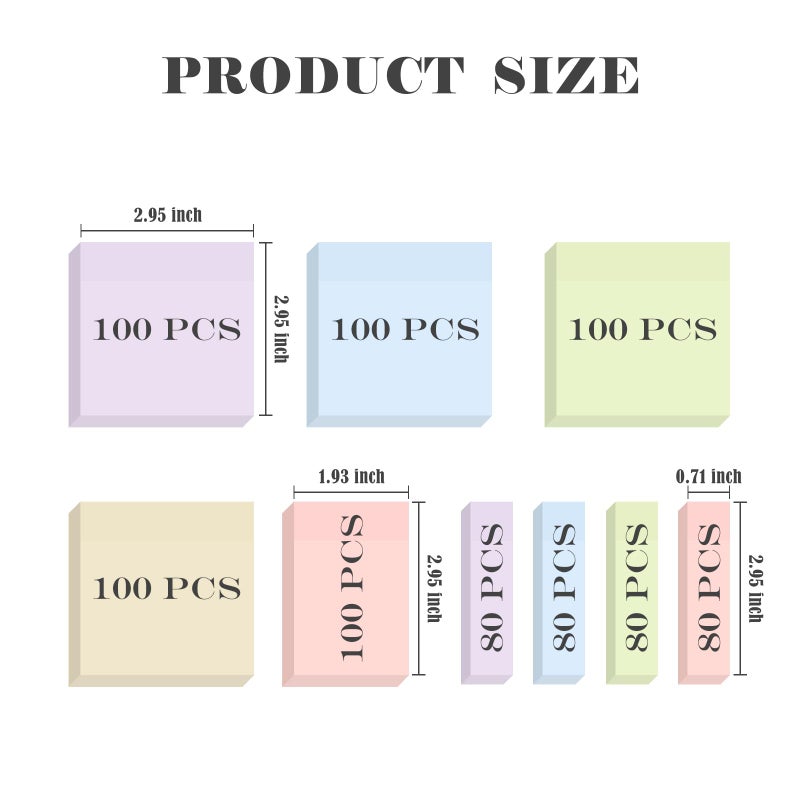 BAYTORY 6 Pads Soft Pastel Sticky Notes, Memo Sticky Note, Colorful Self-Stick Note Easy to Post for Office School Home Study (3x3 & 3x2 & 3x0.7 Inch) - Image 2