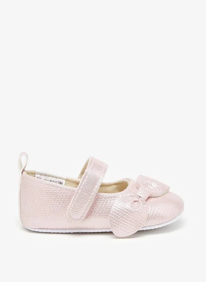 فلورا بيلا Girl's Textured Bow Applique Ballerina Booties With Hook And Loop Closure