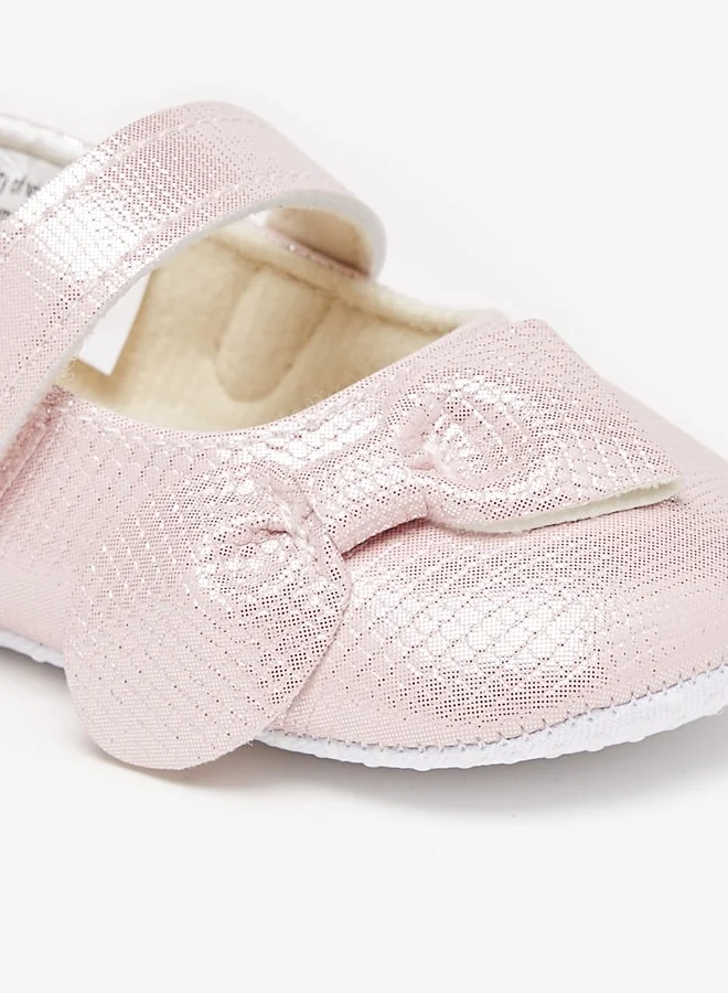 فلورا بيلا Girl's Textured Bow Applique Ballerina Booties With Hook And Loop Closure