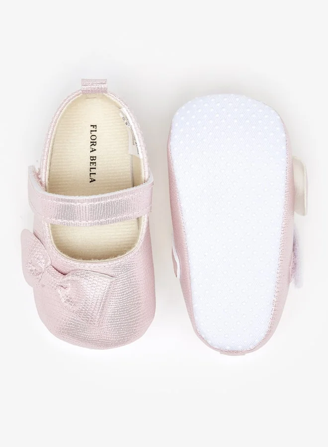 فلورا بيلا Girl's Textured Bow Applique Ballerina Booties With Hook And Loop Closure