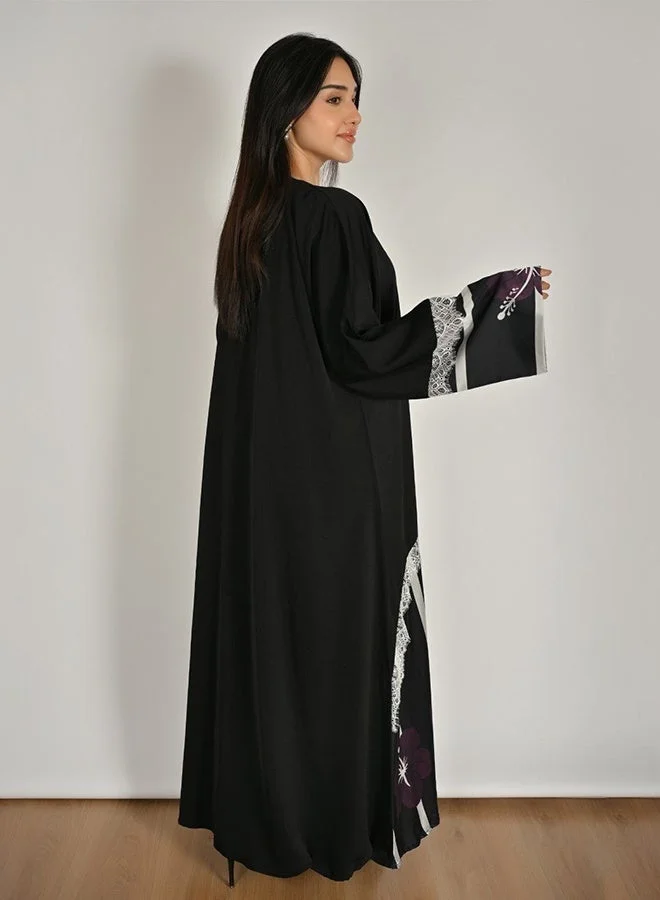Hawraa Abaya Black Wrap Abaya with Silk Fabric Detailing Adorned with White Lace