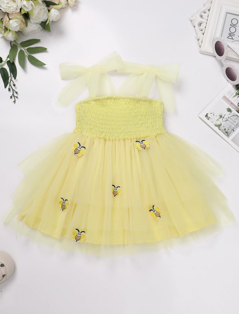 OBEEII Toddler Girls Summer Tulle Tutu Dress Bee Birthday Party Smocked Cute Ruffle Tiered Sundress Infant Baby Baptism Cake Smash Photoshoot Dress Wedding Flower Girl Dress Yellow 2-3 Years - Image 2