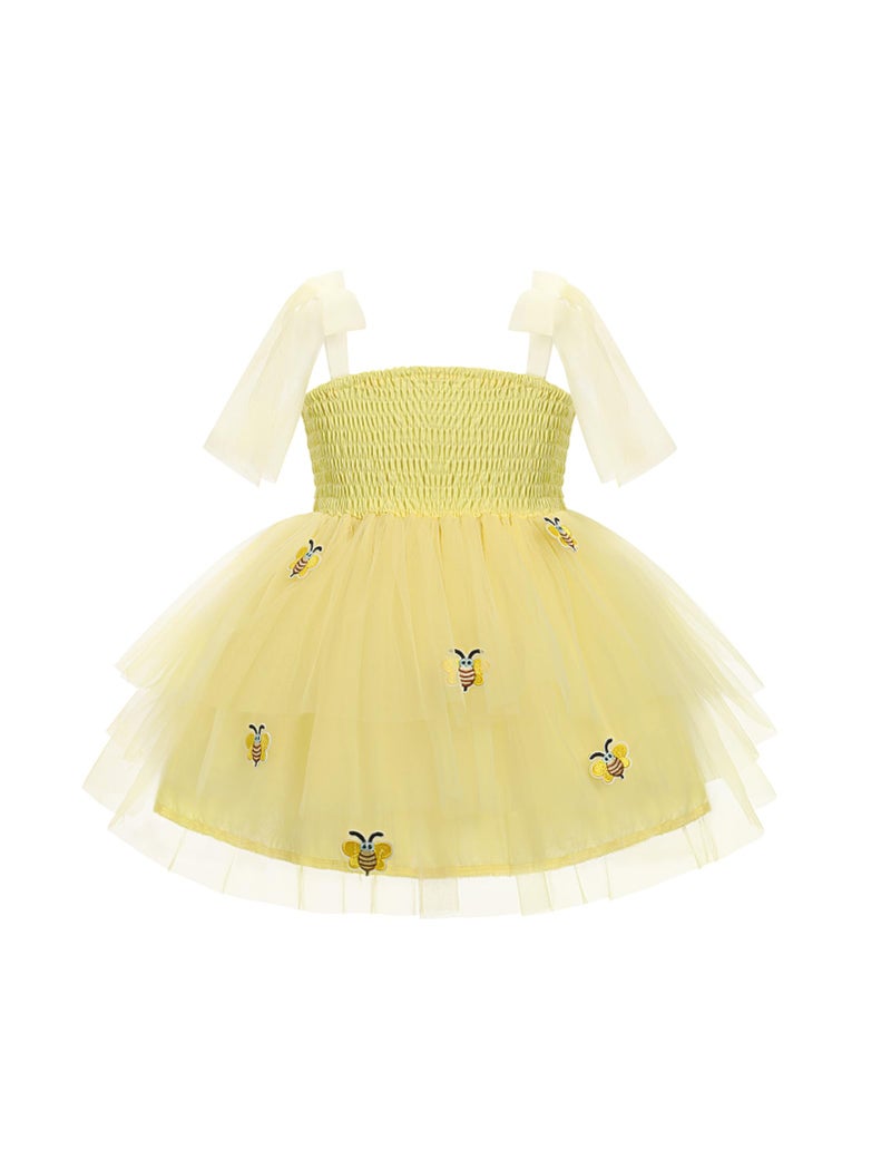 OBEEII Toddler Girls Summer Tulle Tutu Dress Bee Birthday Party Smocked Cute Ruffle Tiered Sundress Infant Baby Baptism Cake Smash Photoshoot Dress Wedding Flower Girl Dress Yellow 2-3 Years - Image 1