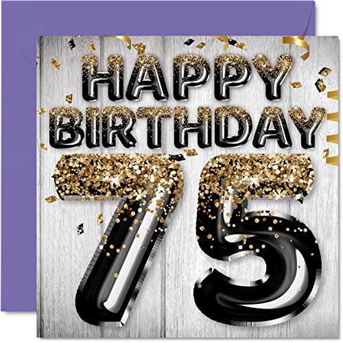 Stuff4 75th Birthday Card for Men - Black & Gold Glitter Balloons - Happy Birthday Cards for 75 Year Old Man Dad Papa Pop Great Grandpa Gran, 5.7 x 5.7 Inch Seventy-Five Seventy-Fifth Greeting Cards Gift - Image 1
