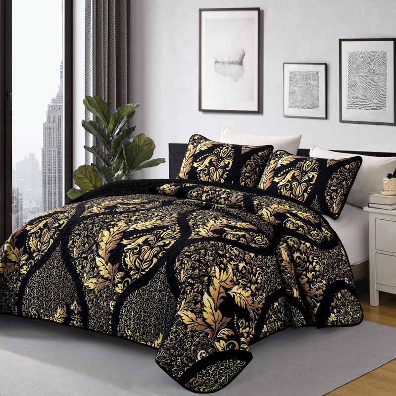 DJY Black Quilt Set King Size, Boho Gold Damask Bedspread Coverlet Set Soft Lightweight Microfiber Bedding Set 3 Pieces for All Season (104"x90") - Image 2
