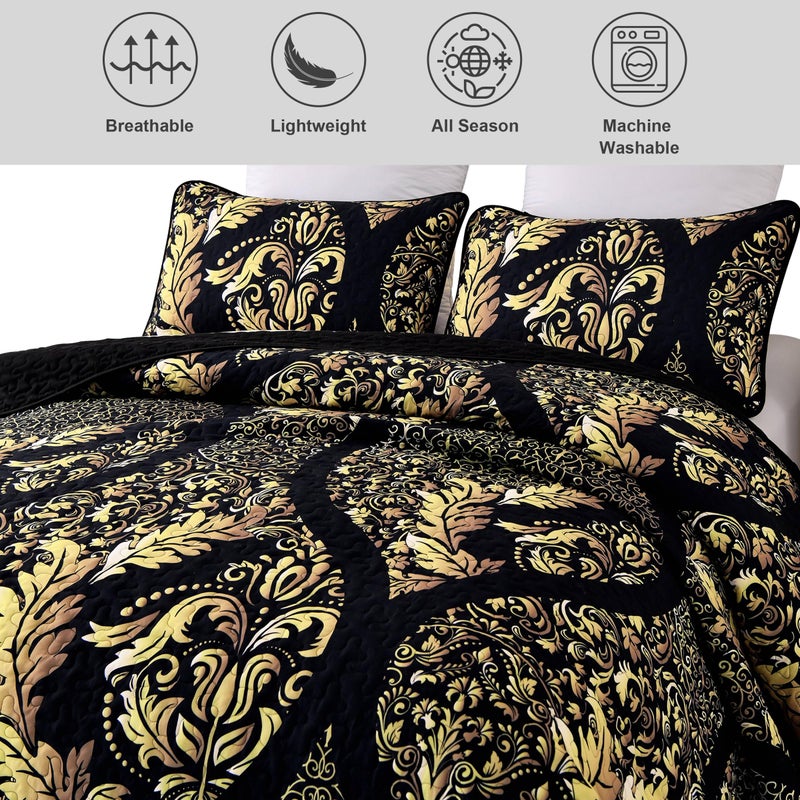 DJY Black Quilt Set King Size, Boho Gold Damask Bedspread Coverlet Set Soft Lightweight Microfiber Bedding Set 3 Pieces for All Season (104"x90") - Image 4